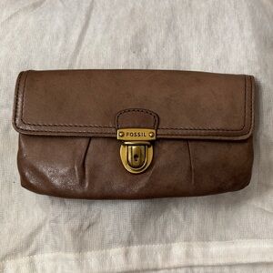 Fossil Tan Leather Clutch with Gold Accent